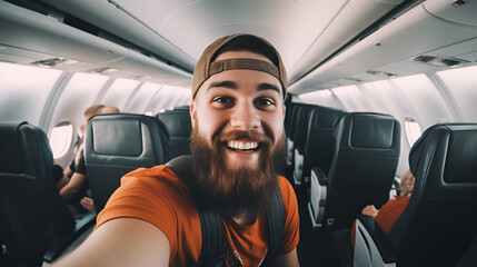 smiling young bearded man in a baseball cap takes a selfie on a mobile phone in an airplane. travel blogger concept, video call. AI generative.