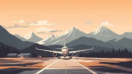 Fototapeta na wymiar The cargo plane lands on the runway of the airport in the mountains. Illustration in pastel colors of yellow, green, blue and grey. AI generated.
