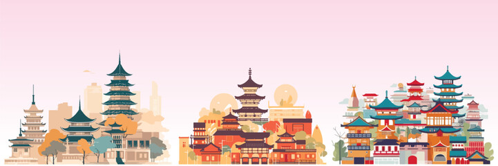 Abstract flat vector illustration of asian city. - obrazy, fototapety, plakaty
