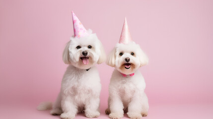 Two cute white Maltese puppies in birthday cap celebrating a birthday, sitting on a pink studio background with copy space. happy birthday card with pets. Ai generative