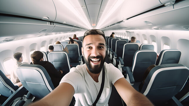 smiling young dark haired bearded man taking selfie on mobile phone in airplane. traveler concept, video call. AI generative.