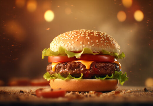 Tasty burger with meat, cheese, onion on rustic background. Hamburger on a modern background. Generative AI