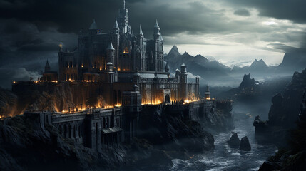 Fototapeta premium Fantasy night dark landscape, night gloomy castle, ancient dark city. 3D illustration Generative AI