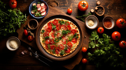 Italian Pizza fresh Food ingredients and spices for cooking  on black background Elegant atmosphere and rustic charm brick oven 