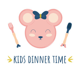 Kids plate, fork and spoon silicone dishware for baby vector. White background with dots. Kids Dinner Time