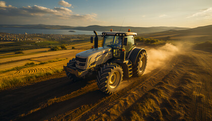 Fototapeta premium A modern tractor ploughing a field