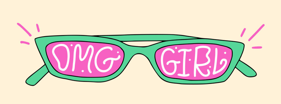 Naklejki Trendy retro cartoon sunglasses. Girly 1990s artwork. Lettering slogan of OMG girl. Bright colors. Cute sticker for graphic tee, streetwear, poster.