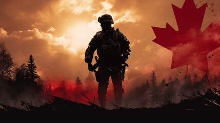Obraz na płótnie Canvas The flag of Canada and the silhouette of a soldier aiming their weapon Generative AI