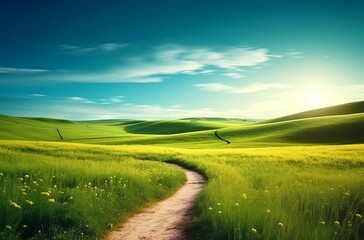 A picturesque winding path through green grass in a hilly area at dawn, under the blue sky with clouds. Natural spring-summer landscape. Made with Generative AI technology