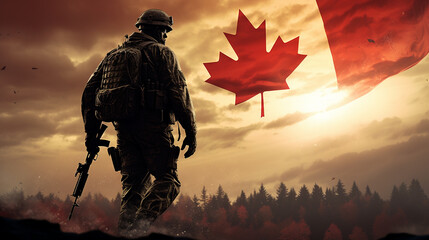The flag of Canada and the silhouette of a soldier aiming their weapon Generative AI