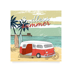 Beach Retro Poster . House on the beach, palms, coast, surf, ocean.