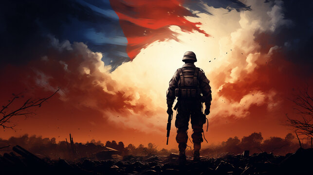 War in France, shadow of soldiers in the battlefield on dirty flag France, war crisis concept in France Generative AI