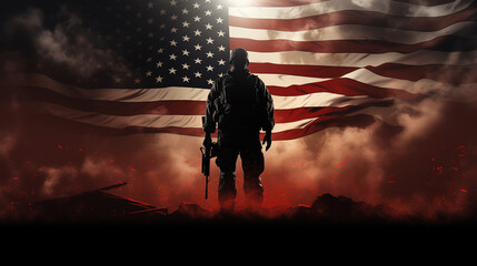 Fototapeta premium Photo of soldier holding the USA flag in background. Special force United States soldier or military contractors holding rifle. Image on background. soldier, army, war, Generative AI