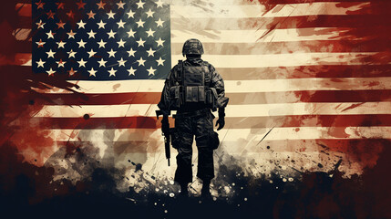 Photo of soldier holding the USA flag in background. Special force United States soldier or military contractors holding rifle. Image on background. soldier, army, war, Generative AI