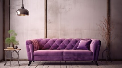 Vintage industrial style living room with purple sofa,wood floor,ceiling lamp and grunge white wall background.3d rendering