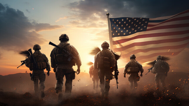 Photo of soldier holding the USA flag in background. Special force United States soldier or military contractors holding rifle. Image on background. soldier, army, war, Generative AI