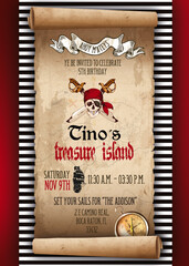Pirates Invitation Vintage Map Treasure Island Birthday 