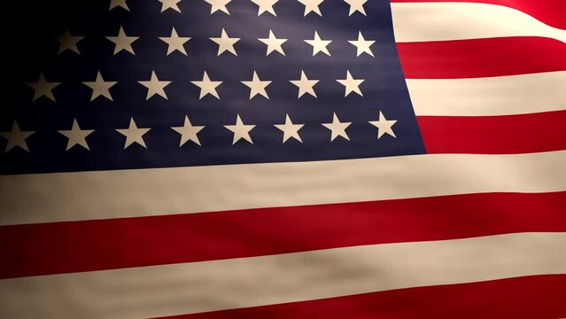 Waving national flag of USA close up shot. Stars and Stripes banner. Photorealistic animation with dramatic light.