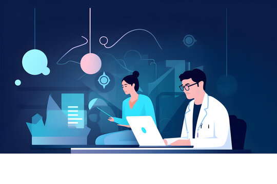  Flat vector illustration healthcare doctors or technology by bokeh copy space teamwork mockup or mock up in night medical research or planning talking women or nurse on hospital laptop collaboration 