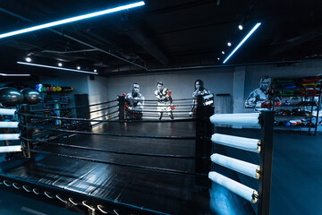 Professional wrestling ring. Dark interior of modern boxing ring.
