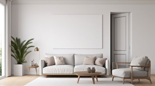 White living room with wall and poster frame mock up.3d rendering