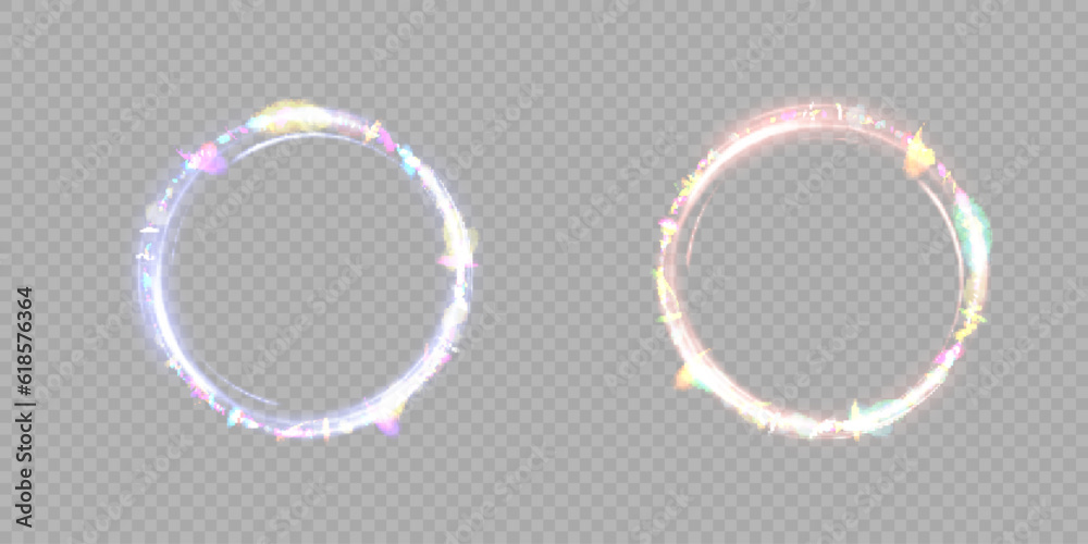 Fototapete The effect of abstract glowing shimmering circles on a transparent background. Bright round frame with place for text.
