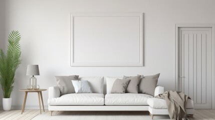 Fototapeta na wymiar White living room with wall and poster frame mock up.3d rendering