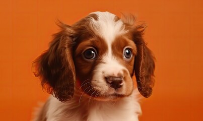 Cute spaniel puppy on orange background with copy space, generative AI