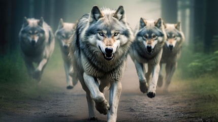 pack of wolves running in forest, created with Generative AI - 618576701