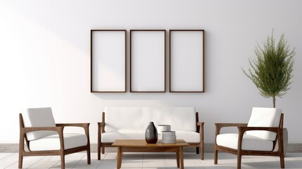 White living room with dark wood furniture and poster frame mockup.3d rendering