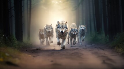 pack of wolves running in forest, created with Generative AI - 618576722