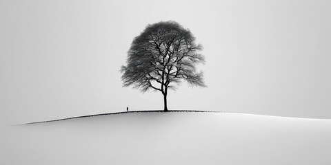 ai generated illustration Lone tree in snow. Loneliness concept. Minimalist scene.