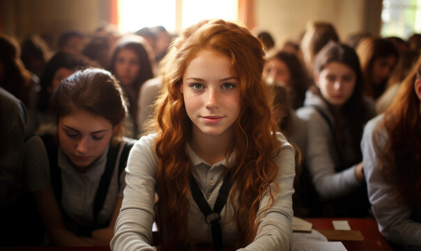 Portrait of girl with freckles sitting in a row with her classmates during high school exam, generative AI