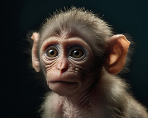 Infant baby chimpanzee monkey. Portrait studio shot on dark black background. Generative ai.