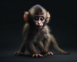 Fototapeta premium Infant baby chimpanzee monkey. Portrait studio shot on dark black background. Generative ai.