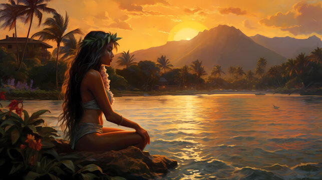 Illustration of traditional hawaiian lifestyle on an island, Hawaii, USA