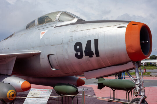 Istanbul, Yesilkoy - Turkey - 04.20.2023: North American F-86 Sabre Jet Plane, Transonic jet Fighter and Hunter.