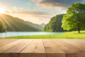 Product display concept of wooden table at blur green meadow with trees in park bokeh background in summer. Generative AI
