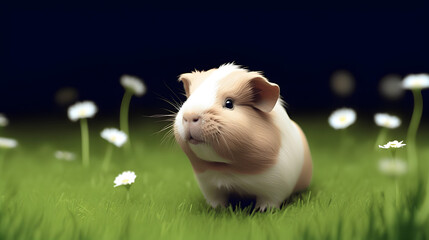 Cute guinea pig with small white flowers. AI generated