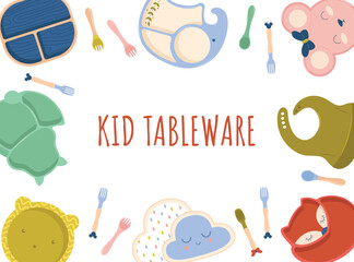 Kid tableware set children dish flat design vector. Baby silicone tableware set. Set of children's bowls, plates and bib. Baby tableware. Nutrition and feeding concept.