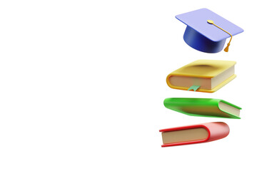 Books and academic graduate cap in flight. 3d rendering