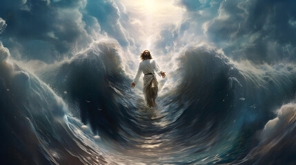 Jesus Christ walking on water with huge waves. AI generated