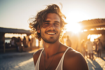 Handsome young Caucasian man having fun at a Summer beach party in Mykonos, Greece
 - obrazy, fototapety, plakaty