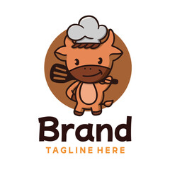 Cute Cow Chef Mascot Hold Spatula Food Logo Design