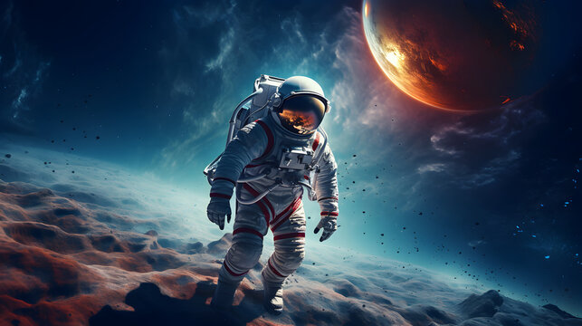 Spaceman or astronaut on the surface of moon. AI generated.