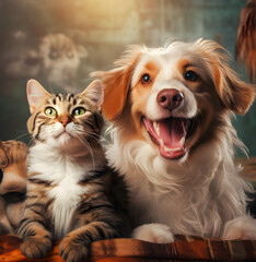 Portrait of cute cat and adorable puppy together. AI generated