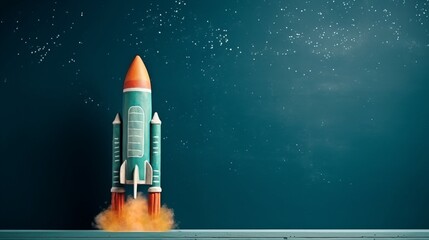A rocket takes off on a blue background. Generative AI