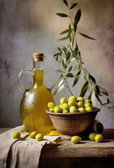 Bottle of olive oil and olives on light rustic and stone background. Olive oil for cooking. Generative AI 