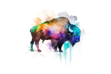 bison is drawn with multi-colored watercolors isolated on a white background. Generated by AI