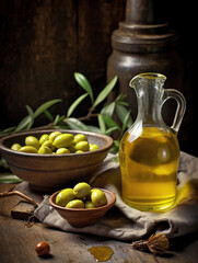 Bottle of olive oil and olives on light rustic and stone background. Olive oil for cooking. Generative AI 